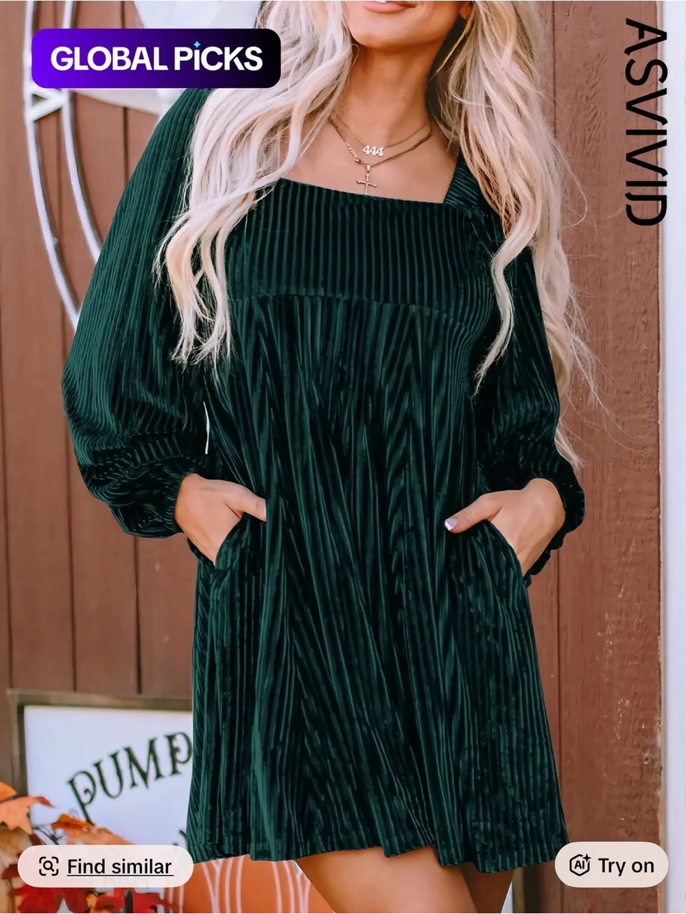ViVI Dark Green Velvet Pleated Mini Dress with Puff Sleeves